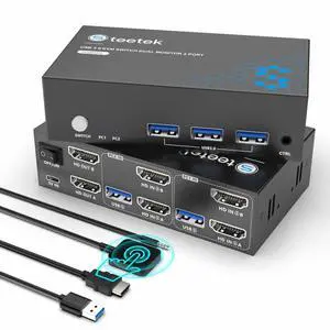 USB 3.0 HDMI KVM Switch 2 Monitors 2 Computers, 4K@60Hz KVM Switches for 2 Computers Sharing 2 Monitor Keyboard Mouse Hard Drives Printer, with EDID Adaptive, 2USB Cable and Controller