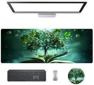 KUJKBFWJ Large Gaming Mouse Pad with Cup Coaster Set, XL Mousepad Large Desk Pad with Non-Slip Base, Extended Mousemat with Stitched Edges, 31.5 x 11.8 in, Natures Magic Book