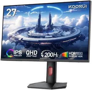 KOORUI Monitor, 27 Mini-LED IPS Panel 200Hz Gaming Monitor,1440P PiP/PBP Computer Screen, 1ms HDR 1000 Display, 97% DCI-P3, Height Adjustable, HDMI/DisplayPort, S2721PM