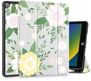 Tuiklol Case for iPad 10.2 Inch 2021 2020 2018 Release 9th / 8th / 7th Generation, Built-in Pencil Holder TPU Protective Stand Back Cover Trifold Stand-Auto Wake/Sleep, Flowers White