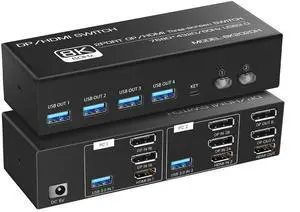 8K@60Hz KVM Switch 3 Monitors 2 Computers, DisplayPort & HDMI KVM Switch with 4 USB 3.0 Ports, Support Extended/Copy Mode, Includes 2 USB 3.0 Cables, Power Adapter & Desktop Controller