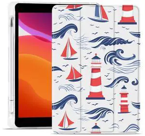 MAYCARI Ocean Sea Marine Life Case for iPad 10.9 inch 2022 with Pencil Holder, Original Pattern iPad 10th Generation Soft TPU Back Protective Cover Shell, Auto Sleep/Wake Slim Shell - Red Lighthouse