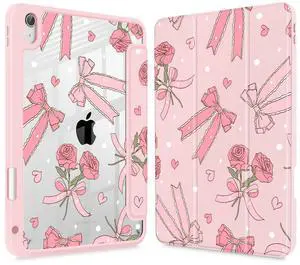 Tuiklol Case for iPad Air 13 (M3 2025 / M2 2024), Buit in Pencil Holder with TPU Protection Shockproof Cover Clear Transparent Back Trifold Stand-Auto Wake/Sleep Tablet Case, Bow & Rose