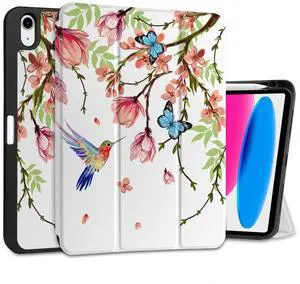 MEEgoodo Case for iPad A16 11th Generation 11 inch 2025/iPad 10th Generation 10.9 inch 2022, Tablet Cover with Trifold Stand + Pencil Holder + Auto Wake/Sleep + Soft TPU Back Cover, Birds & Flowers