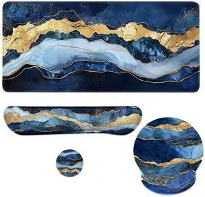 Blue Marble Mouse Pad Set Abstract Navy Gold Luxury Texture Gaming Mousepad 4in1 Desk Mat for Desktop Wrist Support Cup Coaster Set Ergonomic Computer Desk Arm Wrist for Decor Home Office