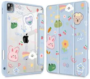 May Chen for iPad Pro 11 inch M2 4th Generation 2022, iPad Pro 11 3rd/2nd/1st Gen, Case with Transparent Shockproof Back Cover [Built-in Pencil Holder, Auto Sleep/Wake, Cartoon Stick Figure