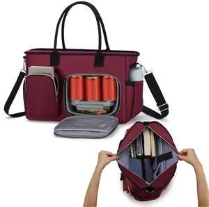 Women Laptop Tote Bag with Insulated Lunch Compartment,15.6'' Teacher Work Computer Bag,Large Water-Resistant Messenger Shoulder Bag with Multi Pockets for Office/College/Travel-Wine Red