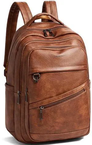 LATMAP 43L Backpack for Women Men - Vegan Leather Backpack Purse Travel Carry-on Bag College Bookbag Work fits 17" Laptop, Brown