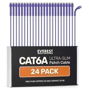 Everest Ultra Slim Cat6a Ethernet Patch Cables 0.5ft (24-Pack) Purple - 6 Inch 10GB Cat 6a Patch Cable - Bendable, Flexible & Thin Ethernet Cable - 32AWG 550MHZ Cat6a Cables - 100% Copper Wires