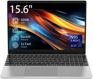 Auusda 15.6" Laptop Computer Notebook, 32GB RAM, 1TB NVMe SSD, 4-Core N95 Processor, FHD Display, Backlit Keyboard, Fingerprint, Webcam, Bluetooth, WiFi, Win 11 Pro, 10TB Upgradeable; T152A, Silver