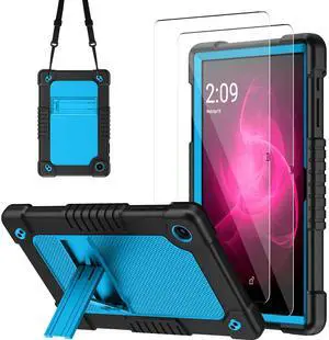 Kebiory Case for T-Mobile REVVL Tab 2 10.1" Tablet Kids Friendly Soft Silicone Hard Back Shell with Stand Shoulder Strap Cover for T-Mobile REVVL Tab 2 5G 2025+2Pcs Screen Protector (Black+Blue)