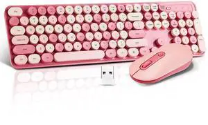 Wireless Keyboard and Mouse Combo, Full Size Compact Quiet Wireless Keyboard and Mouse Set 2.4G Ultra-Thin Sleek Design for Windows, Desktop, PC, Notebook, Laptop,Round Keys Rose Pink Mixed Punk Color