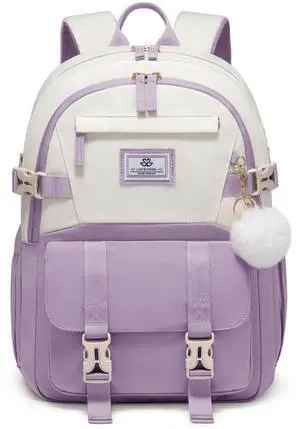 LOVEVOOK Backpack for School for Teen Girls 10-16, Preppy Backpacks for Travel, Cute Lightweight Bookbag, Aesthetic High School Backpack with Large Cup Holder, Back to School Daypack, Purple-Beige