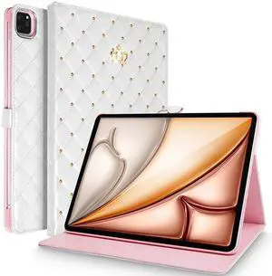 AuroiCCY for iPad Air 13 Inch M3/M2 (2025/2024) Smart Case, Auto Wake/Sleep Shockproof PU Leather Flip Magnetic Cute Queen Crown Bling Diamond Kickstand Folio Protective Cover for iPad Air 13, White