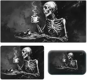 Desk Pad, Large Game Mouse Pad + Small Mouse Pad + Wrist Rest,Ergonomic Mouse Pad,Table Mat with Stitched Edge,Anti-Slip,Memory Foam Desk Mat for Home Office Gaming(23.6×11.8in),Black Skeleton/Skull