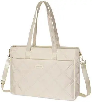 MOSISO Laptop Bag for Women, 15-15.6 inch Rhombus Quilted Laptop Tote Bag for Women with Horizontal Pocket & Trolley Belt,16 inch Large Capacity Work Handbag Purse for Travel Work Office, Beige