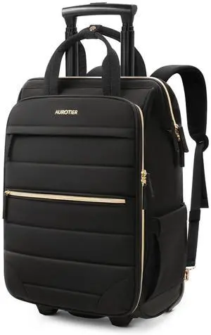 Rolling Puffer Backpack for Women, Travel Backpack with Wheels, 16 Inch Wheeled Laptop Backpack, Dual-Opening Design Overnight College Underseat Carry on Luggage, Roller Business Work Bag, Black