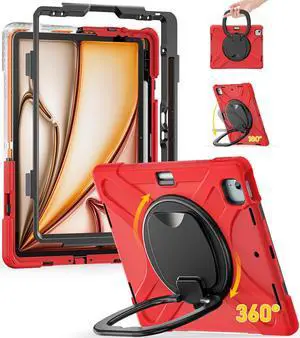 BRAECN Kids Case for iPad Air 13 Inch M3 2025/ M2 2024 & iPad Pro 12.9 6th/5th/4th/3rd Gen: Military Grade Silicone Protective Cover with Pencil Holder, Kickstand, Swivel Handle, Shoulder Strap, Re