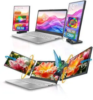 XJCIX 14-inch 1200P Portable Triple Laptop Monitor Extender, 1920x1200 FHD IPS Foldable Plug and Play External Screen for Travel Work Home and Office -XJ-242-12WB02