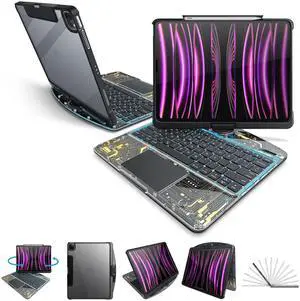 molosicars Case with Keyboard for iPad Pro 13-inch 2024 (M4) - Transparent Protective Case with Pencil Holder, 7-Color Backlit Wireless Keyboard, 360° Rotating Stand & Tech Style Transparent Black