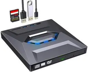MTWZMM External CD/DVD Drive for PC and Laptop - 5-in-1 USB C Portable DVD Player with SD Card Slot & 3 USB Ports - High-Speed CD Burner Compatible with Mac, Windows 11/10/8/7, Linux