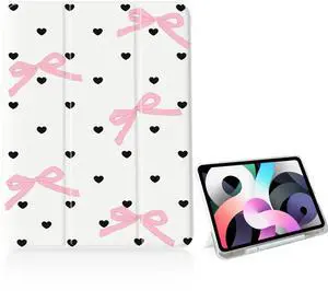 Girly Kawaii Heart Bow Case for iPad 11 inch (A16 Chip) 2025 Generation 11th/iPad 10.9 inch 2022 10th Gen with Pencil Holder and Auto Sleep/Wake,White Leather Soft TPU Back Shell Stand Cover
