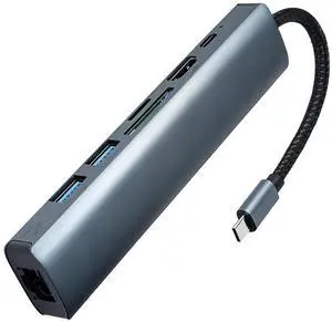 7-in-1 USB C Hub with 4K 30Hz HDMI, 1Gbps Ethernet, 100W Power Delivery, SD/TF Card Slots, USB 3.0 Data Ports for MacBook, iPad Pro, XPS