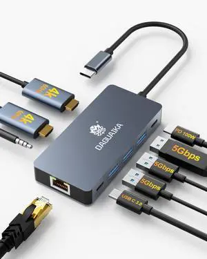USB C Hub, 9 in 1 Dual Monitor Docking Station, 4K@60Hz Dual HDMI Display, RJ45 1000Mbps Ethernet Adapter, PD 100W, 3*USB-A 3.0 Ports, 3.5mm Audio/mic for MacBook Pro, Lenovo, Surface, Dell XPS, HP