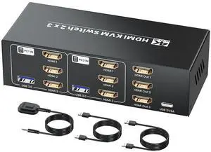4K/60Hz HDMI KVM Switch 2 Computers 3 Monitors, 2 Port HDMI KVM Switcher 2 in 3 Out for 2 PC Share 3 Monitors and 4 USB 3.0 Ports, Support Copy Mode/Extended Mode, Two Switching Modes