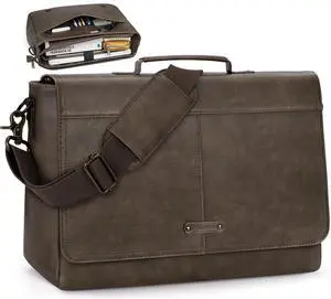 RAINSMORE Vintage Flap Messenger Bag for Men PU Vegan Leather Laptop Bag 15.6 Inch Waterproof Mens Briefcase Retro Computer Bag for Work College Office Travel Satchel Bag Men Wood
