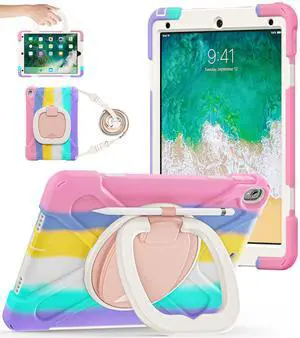 BATYUE iPad Air 3rd Generation Case 2019 Release, iPad Pro 10.5 Case 2017 Released; Rugged Heavy Duty Protective Cover with Pencil Holder, 360° Swivel Stand, Shoulder Strap; for Kids (Colourful Pink)