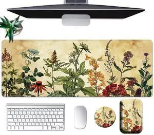 Large Mouse Pad Set, Desk Mat + Elbow Rest Pad + Coaster, Easy Typing Pain Relief, Ergonomic Arm Rest Pad with Memory Foam, Extended Desk Pad Anti-Slip Rubber Base for Office Home, Plant Specimen