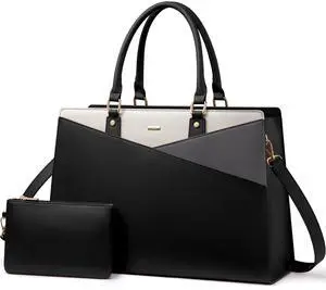 LOVEVOOK Laptop Tote Bag for Women, Leather Business Office Work Bag Computer Briefcase with Small Clutch fit for 15.6 Inch Laptop,Black-Beige-Grey