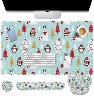 Britimes Keyboard Mouse Pad Set Christmas Penguin Pine Tree Polar Bear 4in1 Large Mousepad+Keyboard Wrist Rest+Mouse Wrist Rest+Coaster Set with Ergonomic Design for Home Office Computer 35.4x15.7In