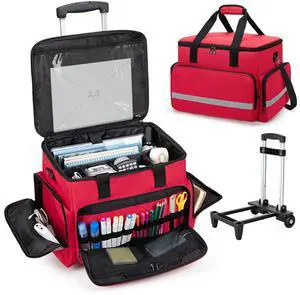 CURMIO Rolling Teacher Tote Bag with Wheels, Teaching Work Bag with Padded Sleeve for up to 14 Laptop for Teaching, Office, Red(Bag Only)