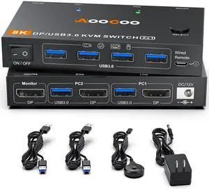 DP KVM Switch 1 Monitors 2 Computers, 8K@60Hz/4K@240Hz KVM Switch for 2 PC Sharing 1 Monitors, Keyboard, Mouse, with USB3.0 Cables, Wired Controller and Power Adapter DP KVM Switch 1 Monitors 2 Computers, 8K@60Hz/4K@240Hz KVM Switch for 2 PC Sharing 1 Monitors, Keyboard, Mouse, with USB3.0 Cables, Wired Controller and Power Adapter