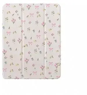 Triple Adjustable Kickstand Hard Folio Case for Apple Tablet Cream White Pink Bow Flowers Floral Refreshing Chic Delicate Cute Lovely Cartoon Girls Kids (for iPad Air 10.9-Inch 5th Generation 2022)