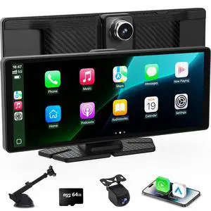 TK-YBX1ZSQ Carplay Screen for Car,10.26 inch Portable Car Play & Android Auto Touch Screen,4K Front & 1080P Rear Backup Camera Car Stereo,Loop Recording,Voice Control,Mirror Link,AUX for All Vehicles