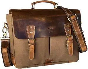RUSTIC TOWN Leather Canvas Messenger Bag for Men Women - Vintage Laptop Satchel Leather Briefcase (14 Inch, Olive Green)