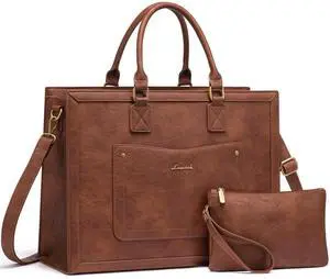 LOVEVOOK Laptop Tote Bag for Women, 17.3 Inch Work Bags, Vintage Leather Tote Bag, Waterproof Computer Bags with Clutch Purse, Large Capacity Messenger Bag for Teacher College Business Office