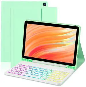 EAMPANG Tablet Case with Keyboard for Amazon Kindle Fire HD 10&10 Plus 11/13th Gen 10.1 inch,7 Color Rainbow Backlit Detachable Keyboard Magnetic Cover with Pen Slot HD 10 2021&2023 Green+White