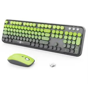 Wireless Keyboard and Mouse Combo, 104 Round Keys Cute Colorful Keyboard and Mouse with Retro Typewriter for PC Mac Laptop Tablet Computer Windows Gray Green