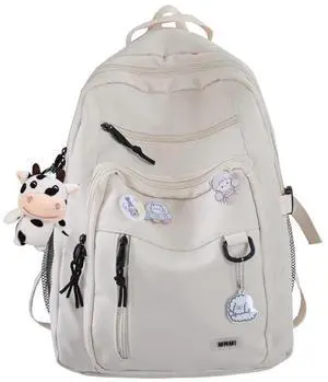 SPORTBANG Cute Aesthetic Backpack for teen girls middle school Bag Student Laptop White Backpacks With Cute pin accessories (White, One Size)