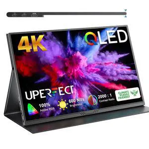 UPERFECT True 4K Portable Monitor QLED, 15.6 600 Nits Laptop Monitor, 100% AdobeRGB, UHD 3840x2400 USB-C & HDMI w/Smart Case, HDR FreeSync Eye Care, Travel Screen for Computer, Mini PC, Game Consoles