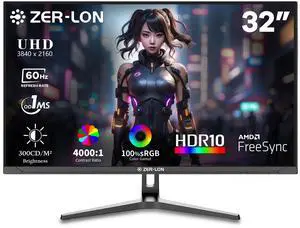 ZER-LON 32 Inch 4K UHD (3840 x 2160) Computer Monitor, IPS 60Hz Ultra-Clear Screen, 100% sRGB, Eye Saver/Flicker Free Mode, FreeSync, Built-in Speaker, HDMI2.0 x2, DP1.4 x2