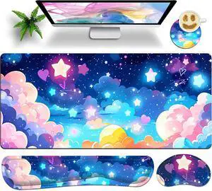 Large Mouse Pad Set 35.4 x 15.7 with Keyboard Wrist Rest, Wrist Support, and Coaster, Waterproof Memory Foam Smooth Desk Pad Mousepad for Home Office School - Pastel Rainbow Star