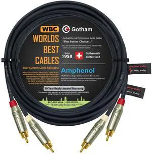 16 Foot RCA Cable Pair - Gotham GAC-4/1 (Black) Star-Quad Audio Interconnect Cable with Amphenol ACPR Die-Cast, Gold Plated RCA Connectors - Directional 16 Foot RCA Cable Pair - Gotham GAC-4/1 (Black) Star-Quad Audio Interconnect Cable with Amphenol ACPR Die-Cast, Gold Plated RCA Connectors - Directional