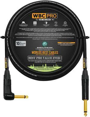 15 Foot - WBC-PRO-Guitar 20 AWG - Low-Cap (18pF/ft) Pro-Grade Graphite-Based - Dual-Shielded Guitar, Bass, Instrument Cable with Neutrik Straight to Angled Inch (6.35mm) Gold TS Connectors 15 Foot - WBC-PRO-Guitar 20 AWG - Low-Cap (18pF/ft) Pro-Grade Graphite-Based - Dual-Shielded Guitar, Bass, Instrument Cable with Neutrik Straight to Angled Inch (6.35mm) Gold TS Connectors