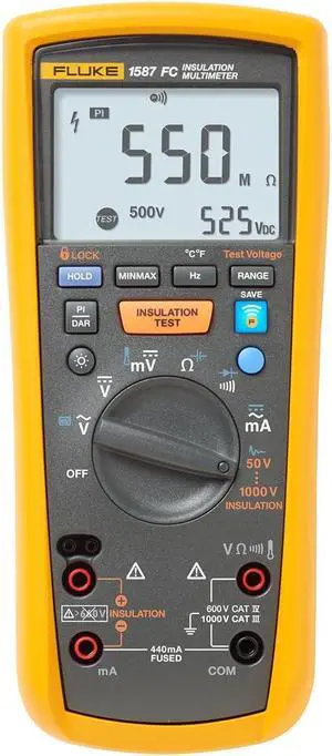 Fluke 1587 FC 2-in-1 Insulation Multimeter, True-RMS, Selectable Insulation Test Voltages Up To 1000 V, Pi/DAR Timed Ratio Tests, Measures Frequency, Includes Low-Pass Filter For Motor Drive VFD