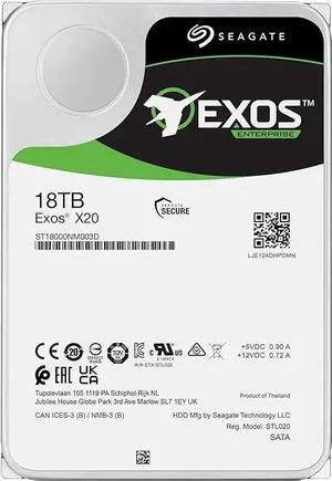 Seagate Exos X20 ST18000NM003D 18TB 7200 RPM 256MB Cache SATA 6.0Gb/s 3.5" Internal Hard Drive (ST18000NM003D)